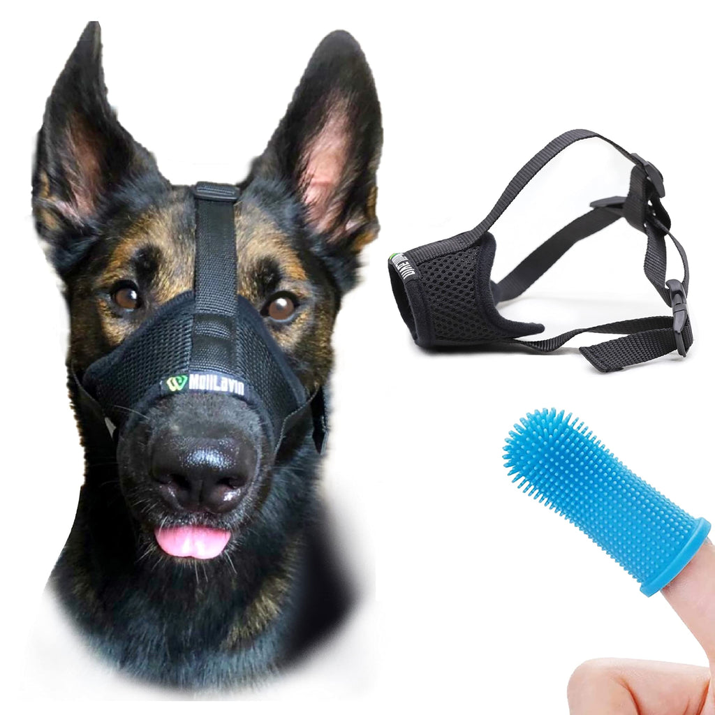 MoiiLavin Dog Muzzle Breathable Nylon Soft mesh Anti-Biting Barking Secure Chewing for Medium Large Small Dogs Allows Drinking Panting with 2 Finger Dog Toothbrushes Black S - PawsPlanet Australia