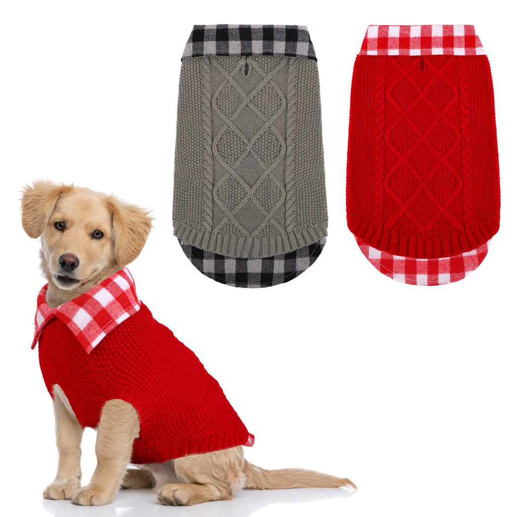 Pedgot 2 Pack Dog Clothes Turtleneck Plaid Patchwork Dog Sweater Warm Pet Sweater Classic Cable Knit Sweater for Small Medium Large Dogs Red, Gray - PawsPlanet Australia