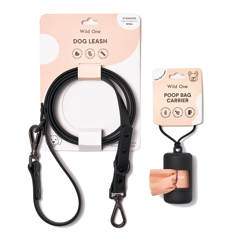 Wild One, Black, Reinforced Nylon Core Leash 5.5 Feet and Poop Bag Carrier Set, Waterproof, Dirt & Odor Resistant, Heavy Duty Double Leash for Small, Medium & Large Dogs - PawsPlanet Australia