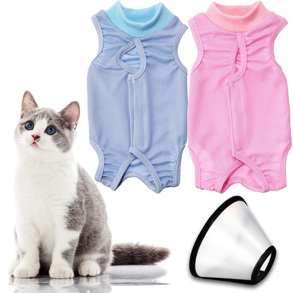 2 Pieces Cat Recovery Suit and 1 Piece Cat Cone Adjustable Kitten Recovery Clothes Anti-Licking Cat Recovery Clothing Plastic Plastic Cat Elizabethan Collar for Cats Puppy Kitten Pets Abdominal Wound - PawsPlanet Australia