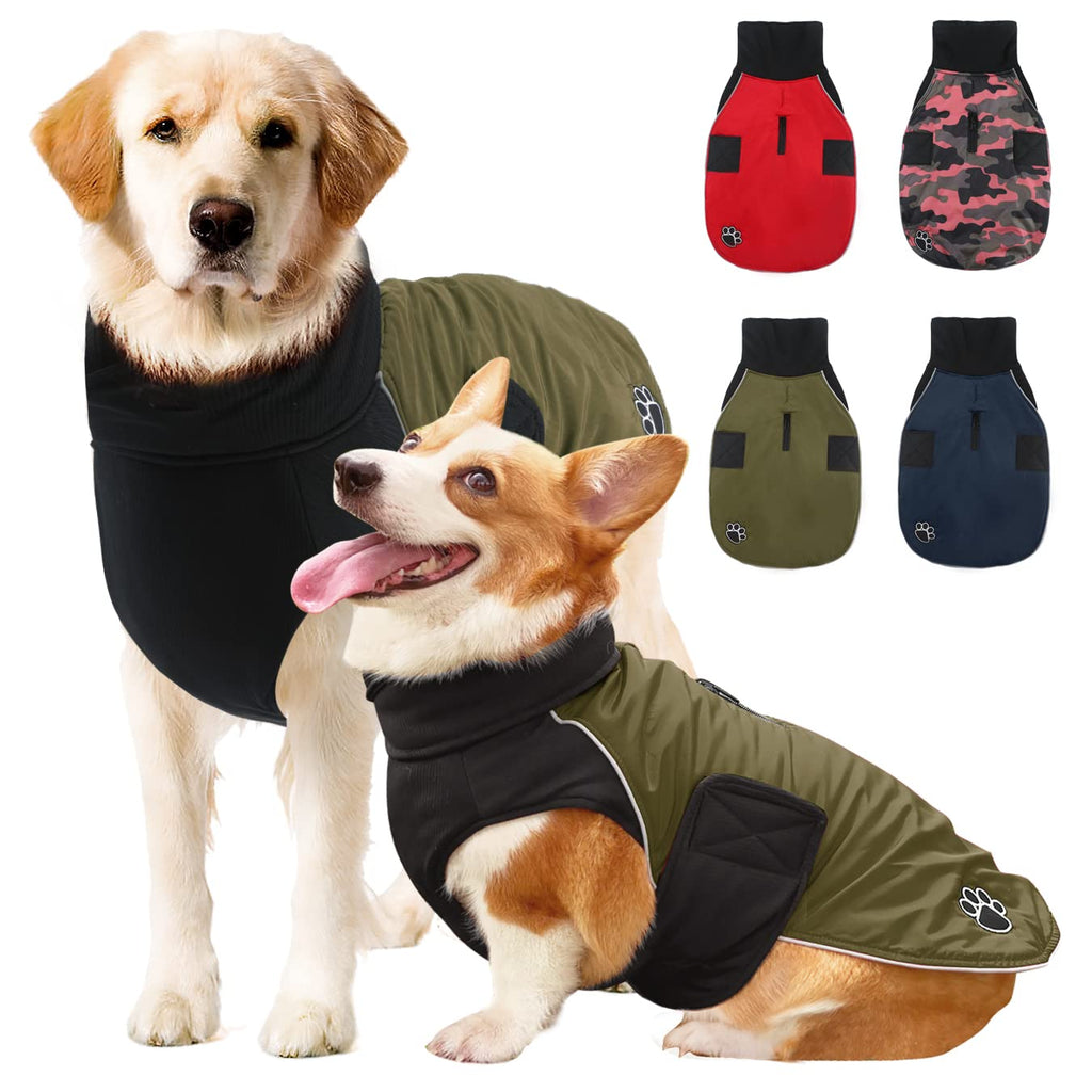 Winter Dog Coat Waterproof, Turtleneck Dog Snow Jacket for Cold Weather, Warm Reversible Dog Clothes with for Small, Medium, Large Dogs XS (Chest:13.5-16.5 in, Back:11 in) Army Green - PawsPlanet Australia