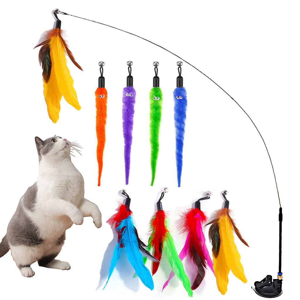 Cat Wand Toy Interactive Cat Toy with Super Suction Cup Detachable 1 Wand 8 PCS Feather Replacements Cat Feather Spring Toys for Indoor Cats Kitten Toys - PawsPlanet Australia