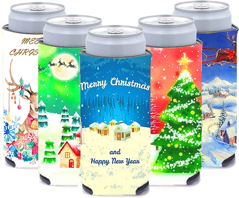 Christmas Beer Bottle Can Cooler Sleeve Drink Can Sleeve Christmas Gift for Christmas Party Decorations - 5 Packs 12Oz Insulator Slim Can Cooler Sleeves Skinny Covers for Beer Beverages 5 pack Christmas - PawsPlanet Australia