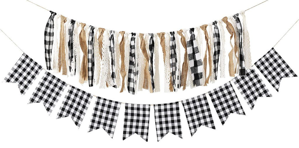 Whaline 2Pcs Buffalo Check Plaid Banner White Black Tassel Garland Lace Burlap Banner Rag Tie Banner Plaid Bunting Garland for Christmas Wedding Birthday Mantel Fireplace Wall Party Decoration White Black Buffalo Plaid - PawsPlanet Australia