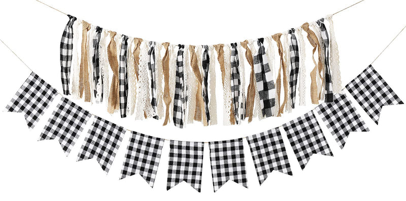 Whaline 2Pcs Buffalo Check Plaid Banner White Black Tassel Garland Lace Burlap Banner Rag Tie Banner Plaid Bunting Garland for Christmas Wedding Birthday Mantel Fireplace Wall Party Decoration White Black Buffalo Plaid - PawsPlanet Australia