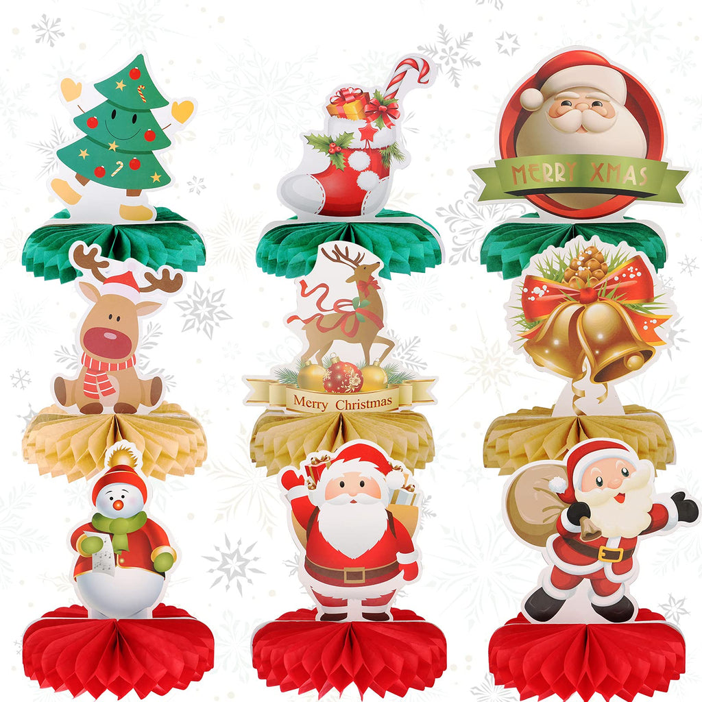 PartyYeah 9 Pieces Christmas Honeycomb Centerpieces, 3D Christmas Table Decoration Santa Reindeer Snowman Happy Holiday Table Topper Honeycomb for Xmas Baby Shower Holiday Supplies - PawsPlanet Australia