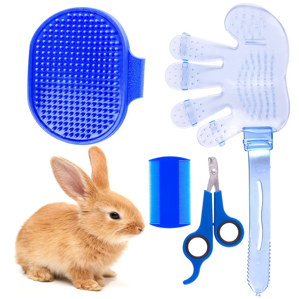 WXJ13 4 Pieces Rabbit Grooming Kit Includes Rabbit Grooming Brush, Pet Nail Clipper, Double-Sided Pet Comb, Pet Shampoo Bath Brush with Adjustable Ring Handle for Rabbit Hamster Bunny Guinea Pig, Blue - PawsPlanet Australia