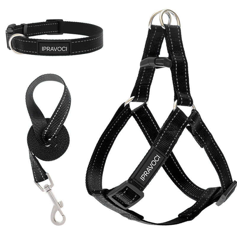 IPRAVOCI Dog Harness and Leash Set with Collar, Reflective Adjustable Nylon Step-in Harness for Small Medium Large Dogs, No Pull Walking Running Training Outdoor Halter Doggy Harness S (chest: 14.8"-21" neck: 7.5"-10.2" width: 1/2") Black - PawsPlanet Australia
