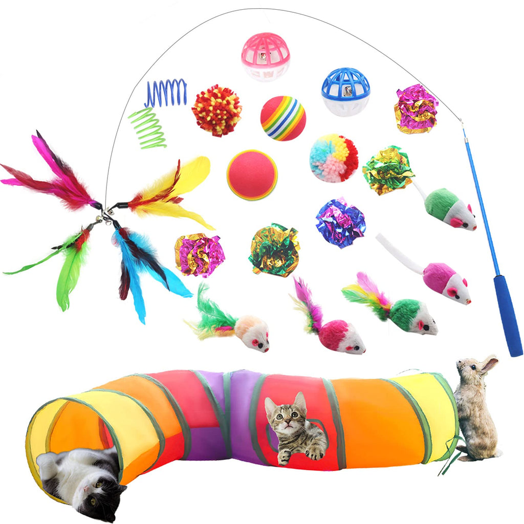 Cibaabo Cat Toys with Rainbow Tunnel, 24PCS Kitten Toy Bundle Including Interactive Wand, Feather Mouse Mice, Crinkle Bell Balls for Indoor Cats Kitten - PawsPlanet Australia