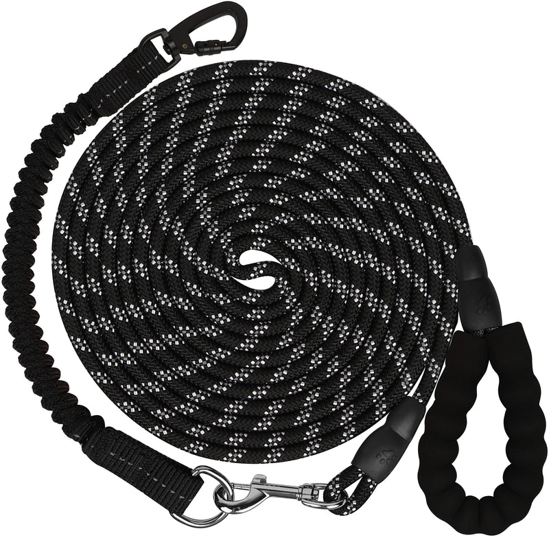 Heavy Duty Dog Leash - 16FT Long Rope Leash for Dog Training with Swivel Lockable Hook and Bungee Dog Leash,Reflective Threads Dog Lead for Walking,Hunting,Camping for Medium and Large Dog Black 15ft*1/3'' - PawsPlanet Australia