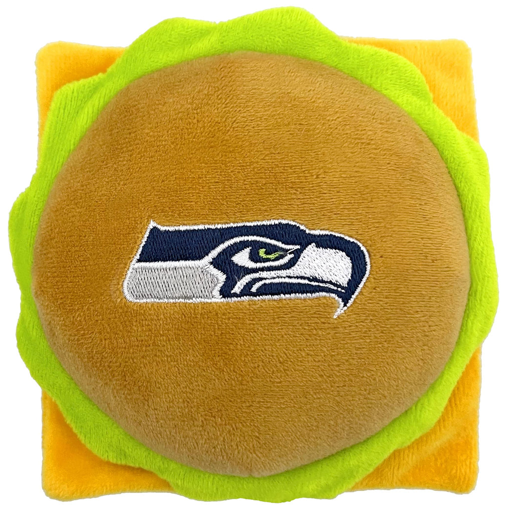 NFL Seattle Seahawks Cheese Burger Plush Dog & CAT Squeak Toy - Cutest Stadium HAMBERGER Snack Plush Toy for Dogs & Cats with Inner Squeaker & Beautiful Football Team Name/Logo - PawsPlanet Australia