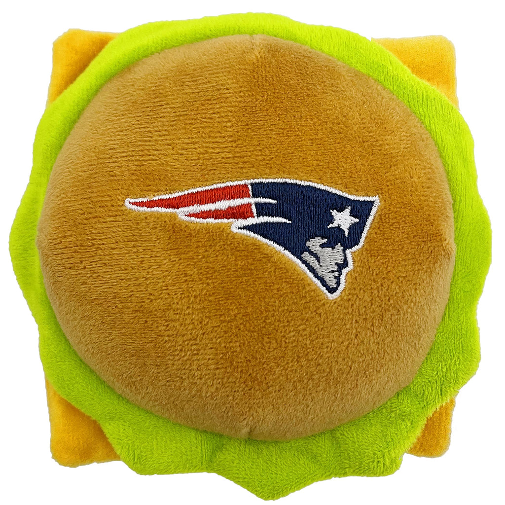 NFL New England Patriots Cheese Burger Plush Dog & CAT Squeak Toy - Cutest Stadium HAMBERGER Snack Plush Toy for Dogs & Cats with Inner Squeaker & Beautiful Football Team Name/Logo - PawsPlanet Australia
