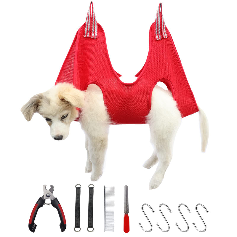 ZeenKind Pet Grooming Hammock Harness for Dogs & Cat | 6 in 1 Pet Supplies Kit - Holder for Grooming Sling Restraint with Nail Clipper, Pet Comb, Nail File, for Bathing, Eye & Ear Care 1. Red-for Cats & Small Dogs - PawsPlanet Australia