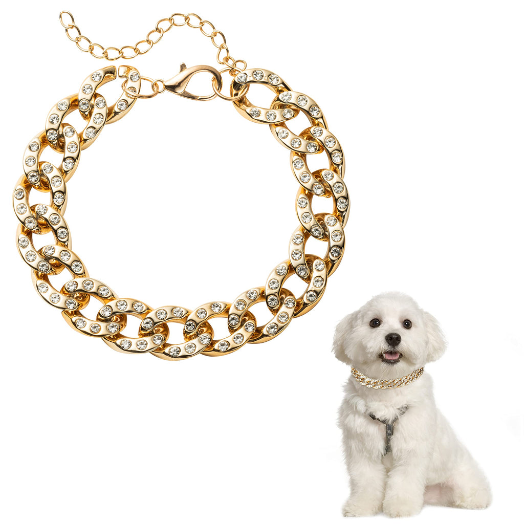 3sscha Cuban Rhinestone Chain Dog Collar Lightweight Adjustable Gold Color Choker Link with Diamond Decorative Photo Prop Puppy Necklace Accessories Outfits for Small Dogs Cats (Not for Walking Chain) - PawsPlanet Australia