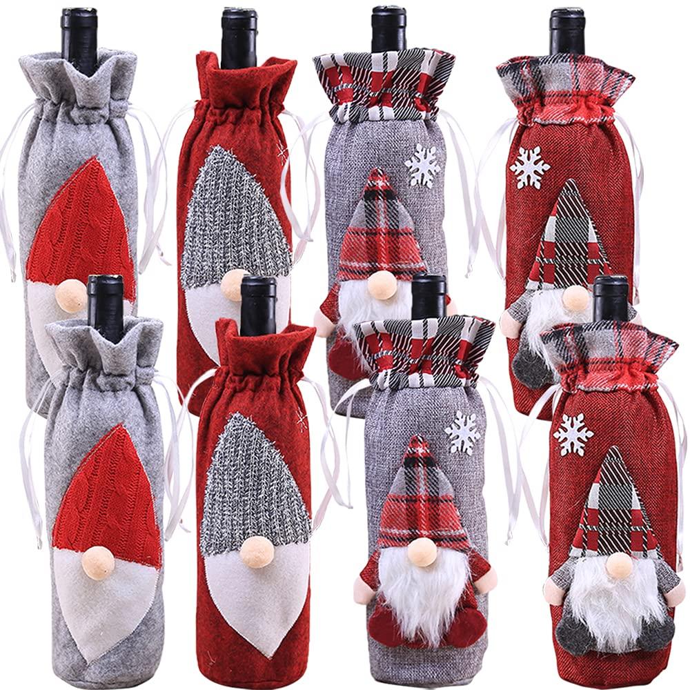 KEFAN 8 Pack Christmas Gnomes Wine Bottle Covers with Drawstrings, Vintage Plaid Checked Bottle Bags for Dining Table Decorations (Gnomes 8 Pack) Gnomes 8 Pack - PawsPlanet Australia