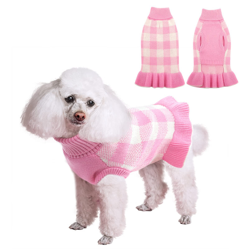 Dasior Pet Dog Sweater, Soft Turtleneck Knitted Plaid Stretch Pullover, Warm Knitwear Winter Clothes X-Small Pink - PawsPlanet Australia