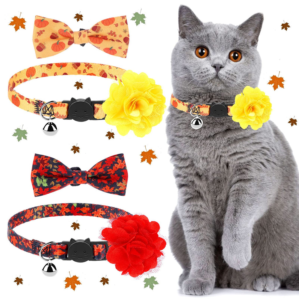 Droutti 2 Pieces Autumn Cute Kitten Collars with Bell Removable Cloth Flowers Bowtie Breakaway Cat Collars Adjustable Cat Collar Fall Halloween Thanksgiving Bowtie Daisy Flower Charm Cat Collar Type B - PawsPlanet Australia