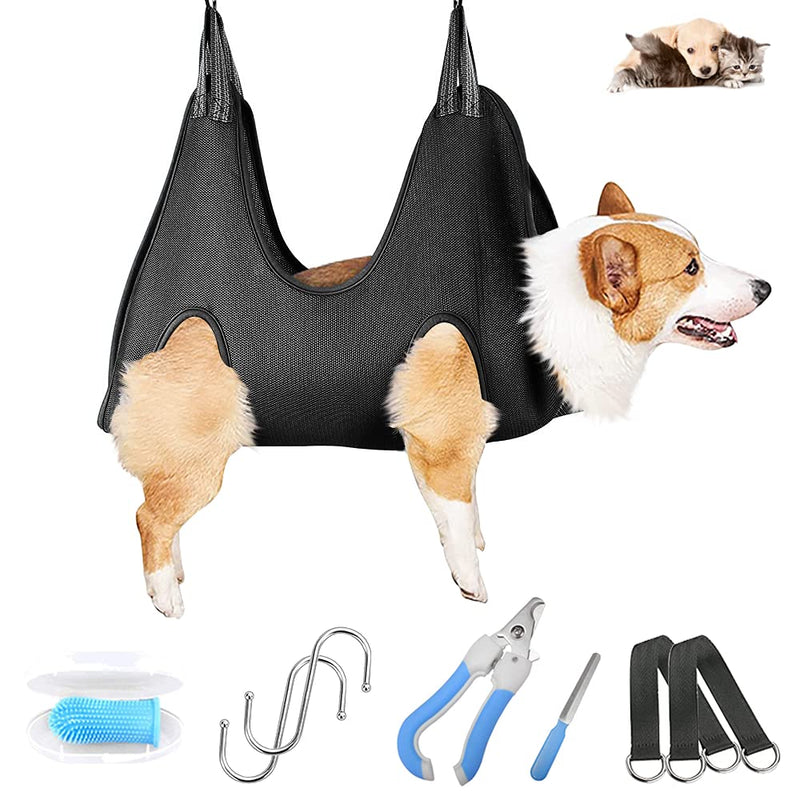 AMZSEA 6 in 1 Pet Grooming Hammock Harness for Dogs& Cats, Breathable Dog Hammock Restraint Bag for Medium-Sized Pet, Dog Grooming Helper with Nail Clipper/File for Nail Trimming, Ear/Eye Care S Black - PawsPlanet Australia