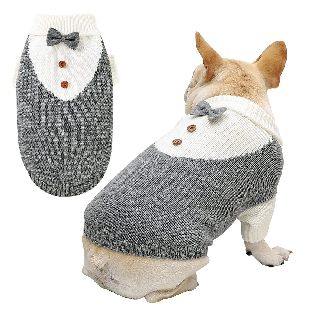 Dog Sweater with Bow Tie Dog Turtleneck Sweaters Knitted Pet Sweater Soft Warm Vest Knitwear Dog Clothes Suit for Fall Winter Cold Weather Small Grey - PawsPlanet Australia