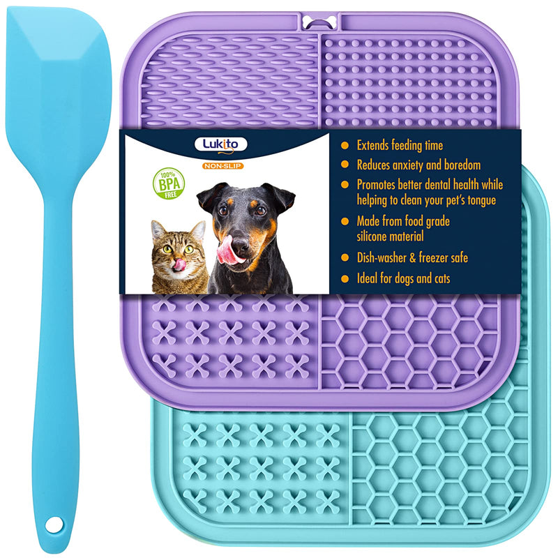 Feeding Mat for Dogs & Cats 2 Pack, Slow Feeder & Non-Slip Design, Pet Calming Dog Treat Mat Anxiety Relief Dog Cat Training, Perfect for Yogurt, Peanut Butter Blue&Purple - PawsPlanet Australia