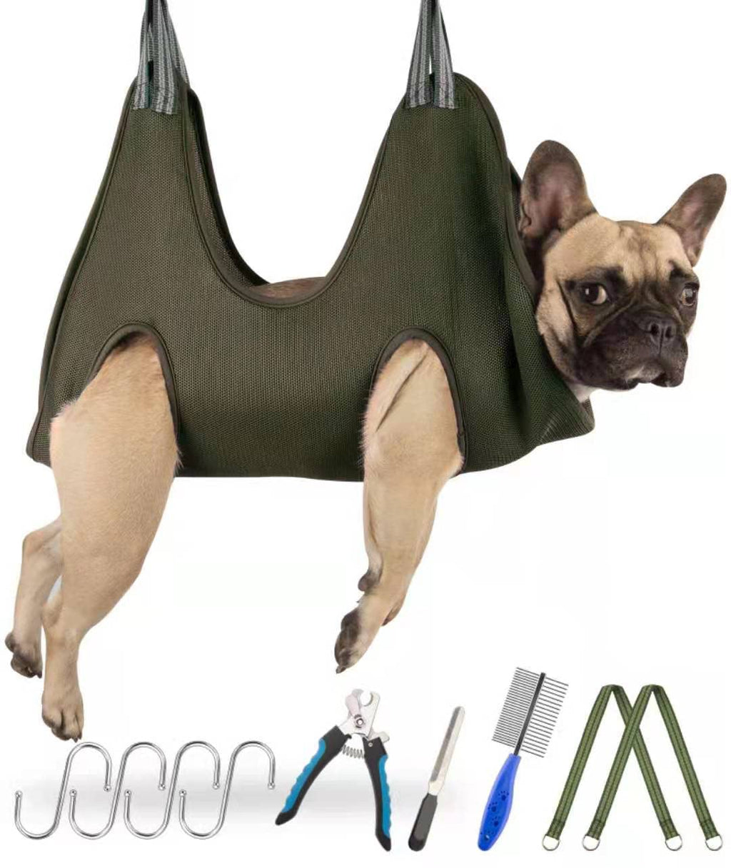 Kkiimatt 10 in 1 Pet Grooming Hammock Harness with Nail Clippers/Trimmer, Nail File, Comb,Breathable Dog Hammock Restraint Bag, Dog Grooming Helper for Nail Trimming/Clipping xs Khaki Green - PawsPlanet Australia