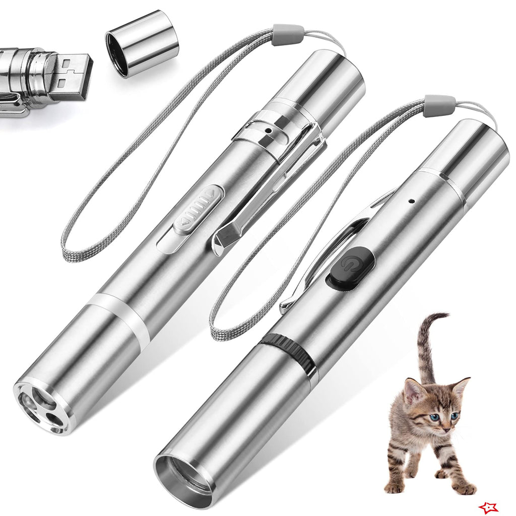 Generic 2 Pack Laser Pointer Cat Toys for Indoor Cats - Red & Green Cat Laser Pointer, Cat Laser Toy Rechargeable, Interactive Kitten Toys with 3 Modes and 10 Patterns, cat laser pointer-011, silver - PawsPlanet Australia