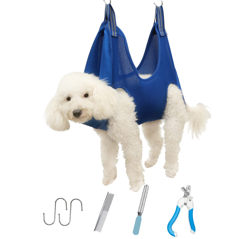 QQAPPU Pet Grooming Hammock Helper 6 in 1 Breathable Dog Hammock Restraint Bag,Pet Supplies Kit with Nail Clippers, Pet Comb for Bathing Grooming and Trimming Nail Small Blue - PawsPlanet Australia
