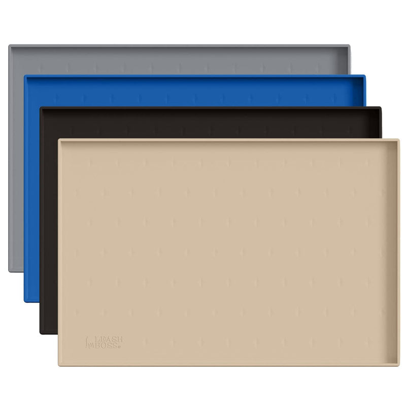 Leashboss Splash Mat Dog Food Mat with Tall Lip, M/L (20"x13"), XL (25”x17”) or XXL (30"x22") Dog Bowl Mat for Food and Water, Non Slip Waterproof Silicone Pet Food Mat for Dogs and Cats M/L - 20 x 13 Inches Beige - PawsPlanet Australia