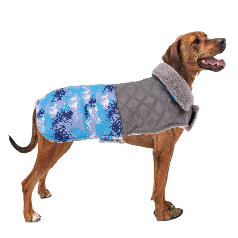 Queenmore Cold Weather Dog Coat, Waterproof Reflective Warm Quilted Fleece Lined Winter Clothes with Leash Hole, Camouflage/Solid Pattern Stitching, Adjustable for All Breeds X-Small Blue - PawsPlanet Australia