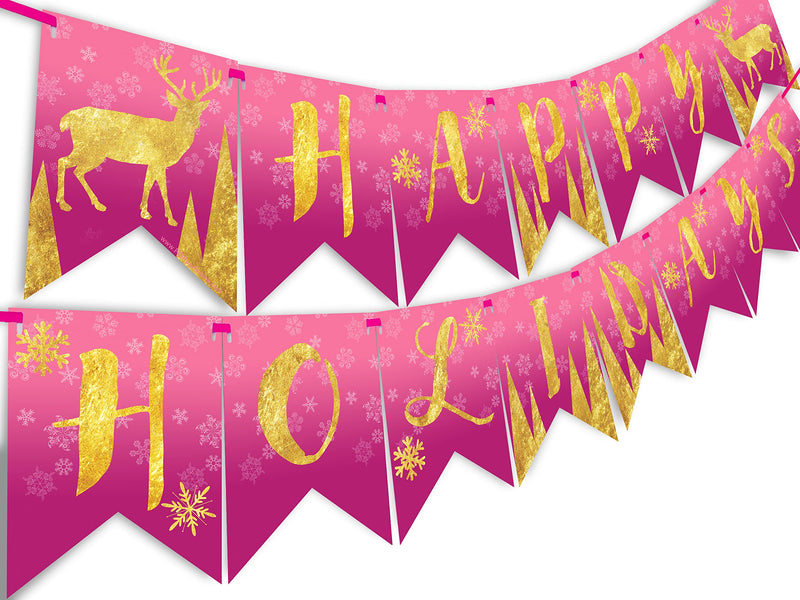 Reindeer Happy Holidays Banner - Pink Christmas Party Supplies - Pink Reindeer Holiday Party Decorations - Christmas Party Decoration - Holiday Party Supplies- Pink HH - PawsPlanet Australia