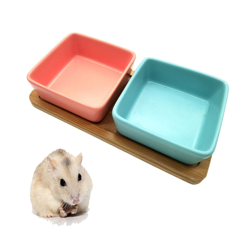 Cutefiy Small Animals Bowl, Ceramic Hamster Food Dishes and Water Bowl with Bamboo Tray for Hamster, Guinea Pig, Gerbil, Hedgehog, Chinchilla, Rabbit, Little Cat and Other Rodent 2Pack Set-PK+BU - PawsPlanet Australia