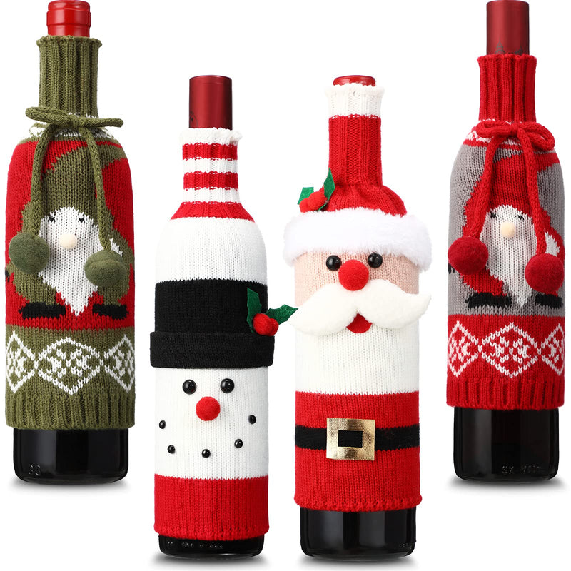 Christmas Wine Bottle Cover 4 Pieces Holiday Wine Decor Santa Claus Snowman Wine Bottle Sweater Cute Christmas Bottle Cover Handmade Wine Bottle Cover for Christmas Holiday Party Decorations - PawsPlanet Australia
