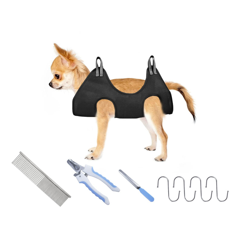 EGETOTA Pet Grooming Hammock Harness for Dogs & Cats, Durable Dog Holder for Grooming, Pet Supplies Kit, Pet Stuff Helper with Nail Clippers, Pet Comb, Nail File for Bathing Small Black - PawsPlanet Australia