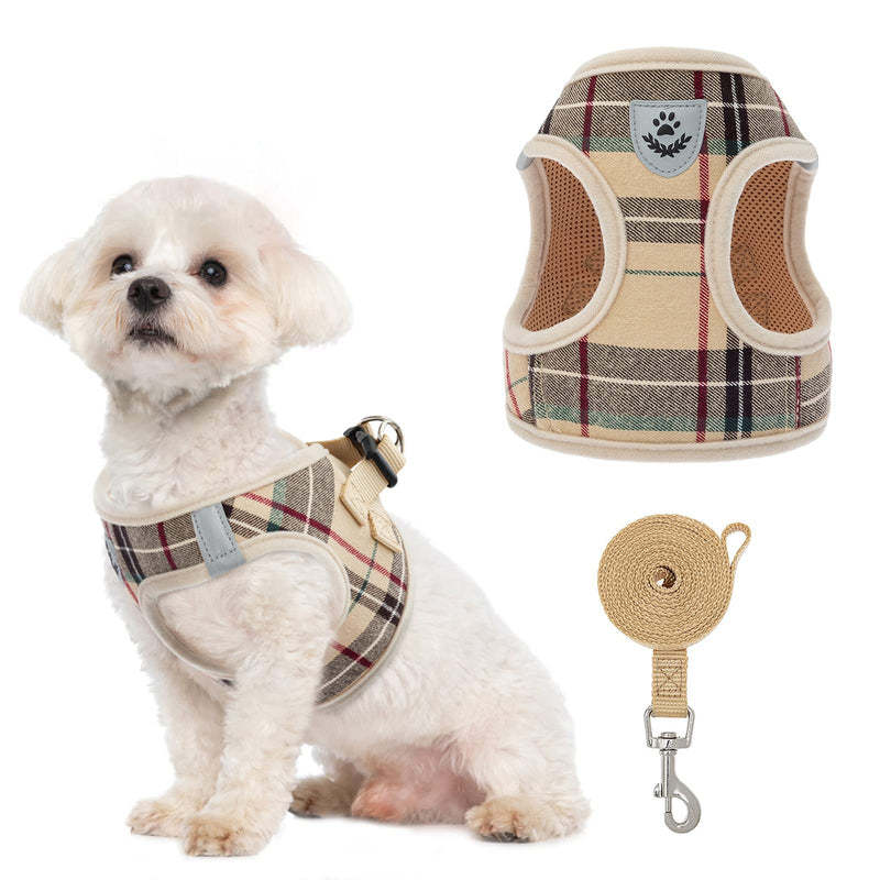 Soft Mesh Plaid Puppy Harness - Small Dog Harness and Leash Set, Adjustable & Comfortable Padded Reflective Vest for Puppies and Small Breeds Dogs Walking Small (Pack of 1) Beige - PawsPlanet Australia