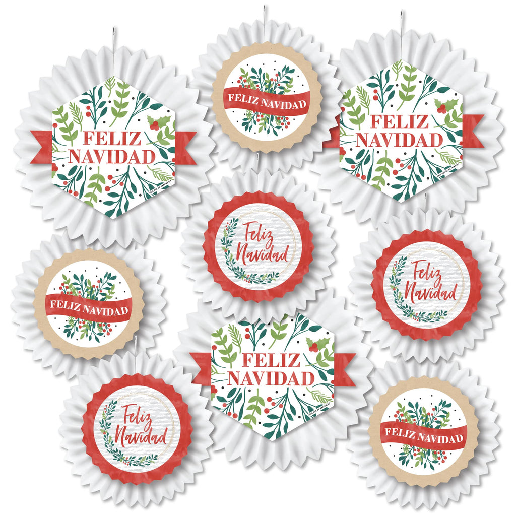 Big Dot of Happiness Feliz Navidad - Hanging Holiday and Spanish Christmas Party Tissue Decoration Kit - Paper Fans - Set of 9 - PawsPlanet Australia