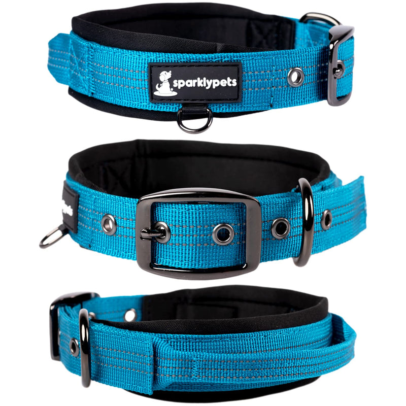 SparklyPets Heavy Duty Dog Collar with Handle for Medium and Large Dogs – Professional Collar with Reflective Stitches, Soft Handle & Nickel-Plated Buckle Medium (14,5"~18,5") Blue - PawsPlanet Australia
