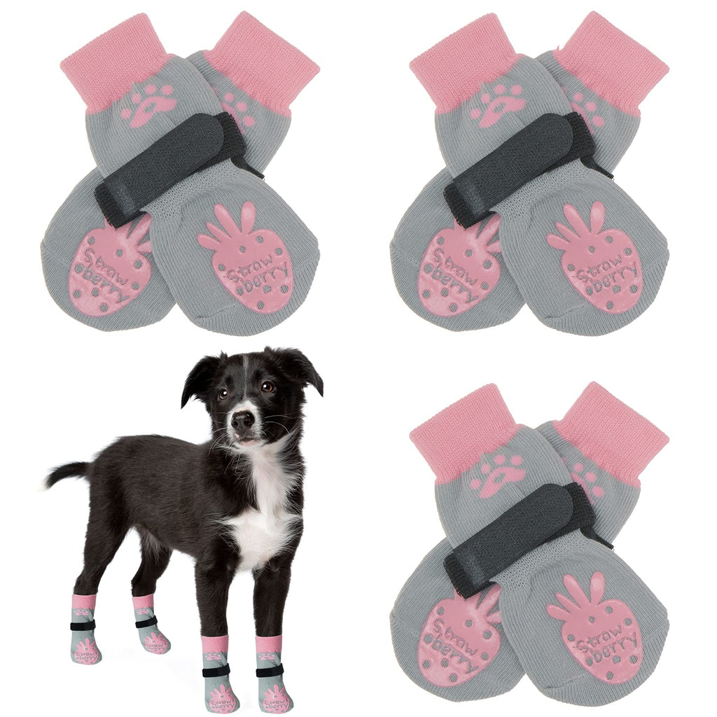 BEAUTYZOO Anti-Slip Paw Protectors Dog Socks with Elastic Adjustable Straps 3pairs Traction Control Non-Skid Indoor Wood Floor Protection Wear for Large Medium Small Dog Strawberry - PawsPlanet Australia