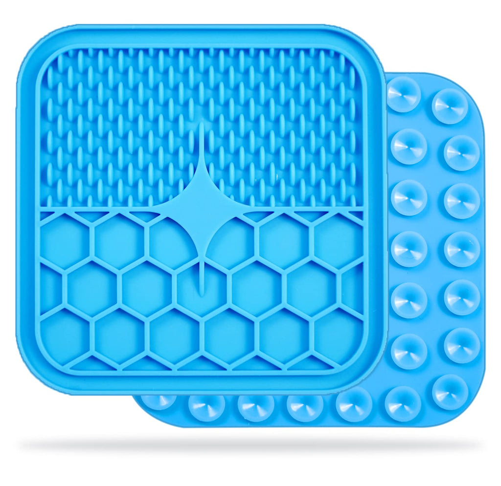 Dog and Cat Silicone Food Grade Lick Mat and Slow Feeder w/ Strong suctions for Boredom, Anxiety Reduction and Oral Health. Great with Your Pets Favorites Like Peanut Butter, Yogurt and Soft Cheeses. small square blue - PawsPlanet Australia