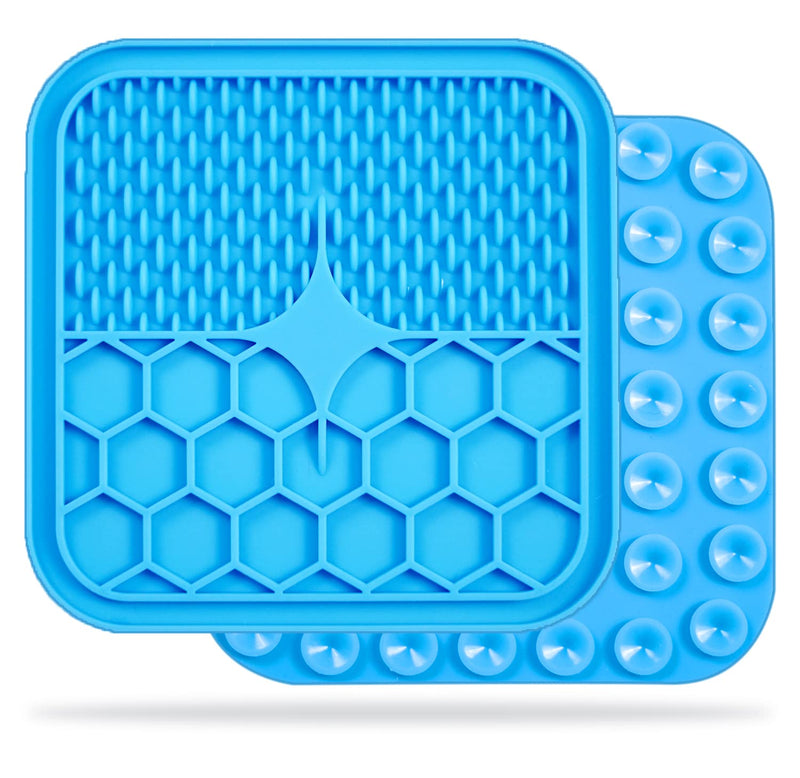 Dog and Cat Silicone Food Grade Lick Mat and Slow Feeder w/ Strong suctions for Boredom, Anxiety Reduction and Oral Health. Great with Your Pets Favorites Like Peanut Butter, Yogurt and Soft Cheeses. small square blue - PawsPlanet Australia