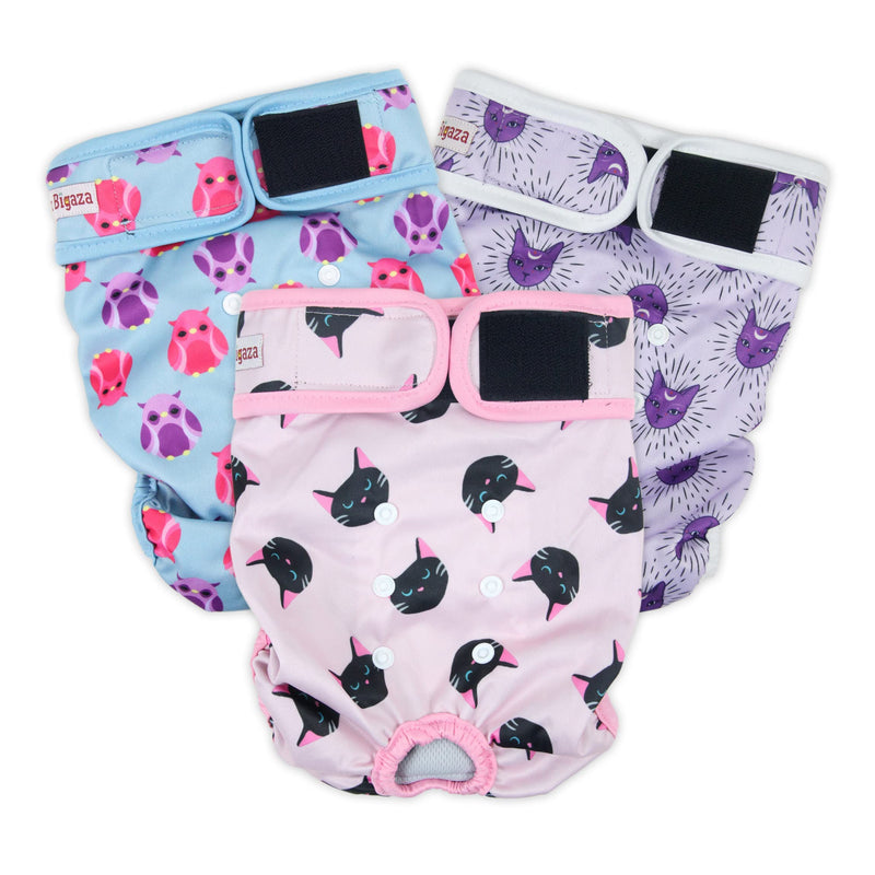 Fuz Bigaza Washable Dog Diapers (3 Pack), Reusable Dog Diapers for Doggie Heat Period, Reusable Doggie Diaper for Female Dogs Cat, Owl Small (Pack of 3) - PawsPlanet Australia