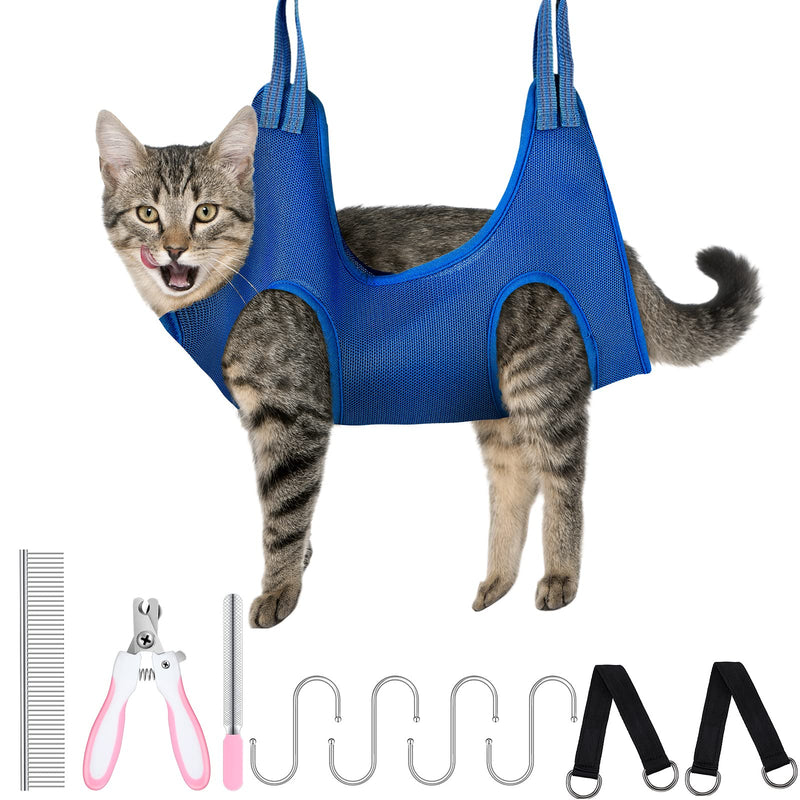 Pet Grooming Hammock for Cats & Dogs Hanging Harness Pet Supplies Kit with Nail Clippers Trimmer, PET Comb, Nail File Adjusting Band Grooming Table for Cats Dogs Bathing Washing Small Blue - PawsPlanet Australia