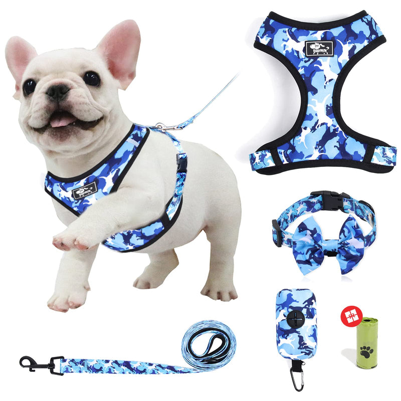 No Pull Dog Harness and Leash Set, Reflective Step in Dog Vest Harness Set with Bow Collar, Leash and Poop Bag Holder Blue S (neck 11" chest 11.4"-15.7") - PawsPlanet Australia