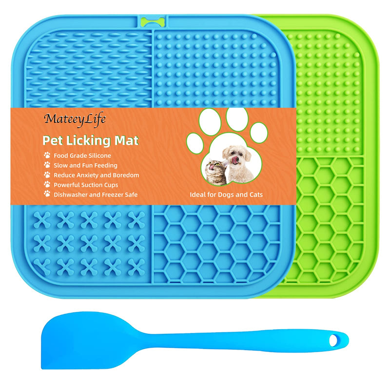 MateeyLife Licking Mat for Dogs and Cats 2PCS, Premium Lick Pad with Suction Cups for Dog Anxiety Relief, Slow Feeder Dog Bowls for Boredom Reducer, Dog Food Mat Perfect for Bathing Grooming etc. Blue&Green+1 Spatula - PawsPlanet Australia
