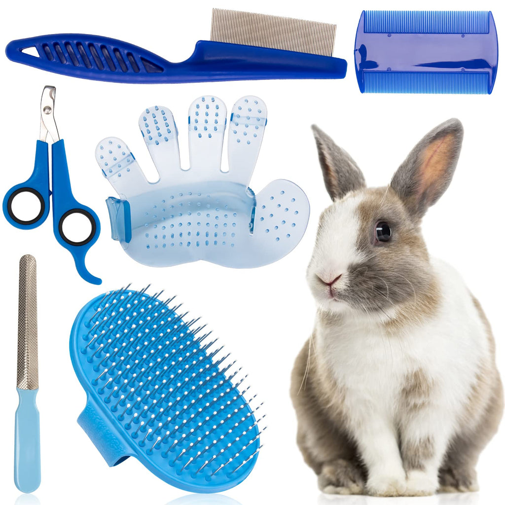 6 Pieces Rabbit Grooming Kit, Bunny Brush for Shedding - Pet Hair Grooming Bath Brush with Adjustable Handle, Pet Combs, Nail Clippers and Trimmer - Suit for Rabbit, Hamster, Bunny, Guinea Pig Blue - PawsPlanet Australia
