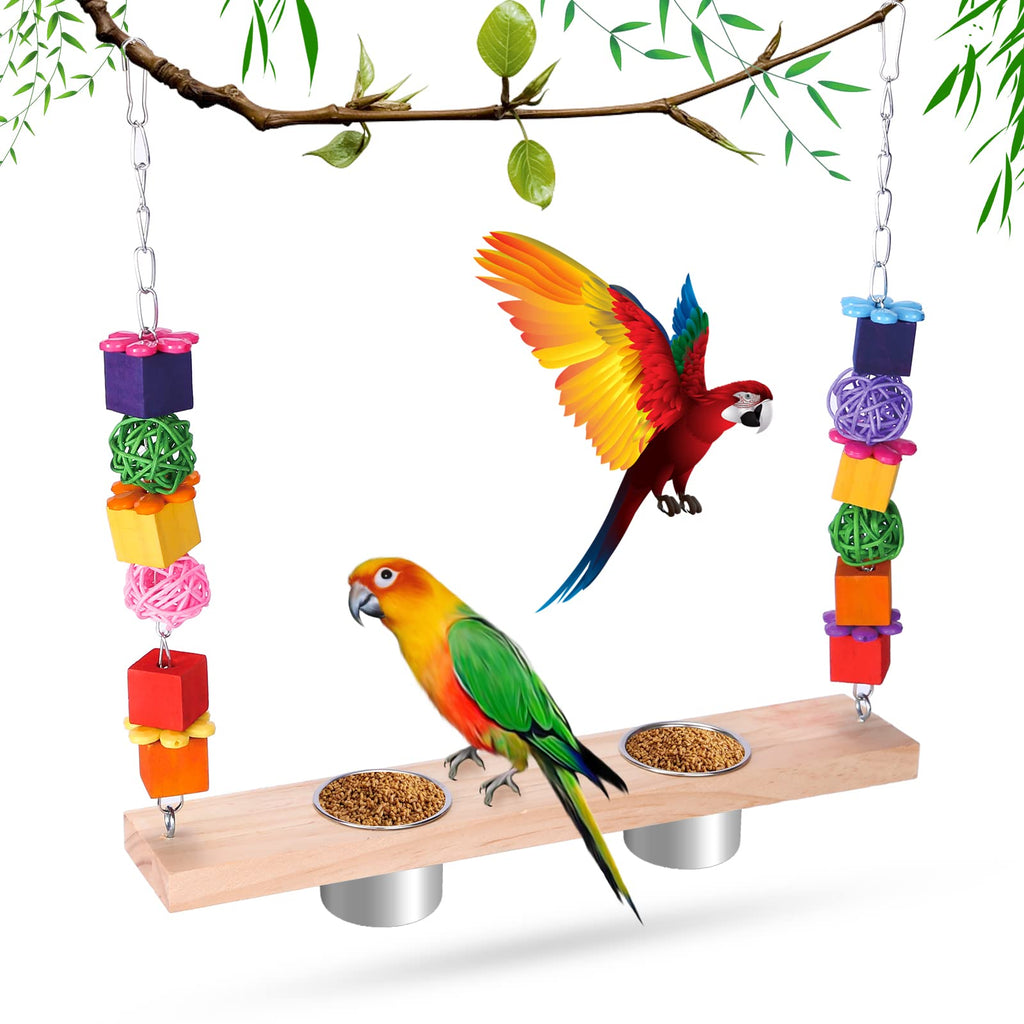 Bird Feeding Dish Cups with Parrot Perch Swing Chew Toys 4 in 1 Hanging Natural Wooden Bird Swing Stainless Steel Parrot Cage Feeder Water Bowl for Parakeet Cockatiels Lovebirds Budgie Pigeons Style A - PawsPlanet Australia
