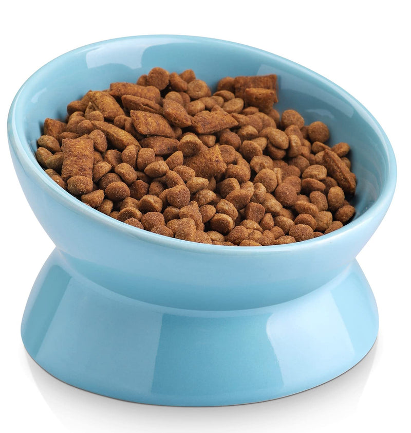 Nucookery Elevated Cat Food Water Bowl,Ceramic Raised Tilted Pet Feeder and Waterer Protect Pets' Spines,Small Dog Fat Faced Cat Kitten Supplies 5" Lake blue - PawsPlanet Australia