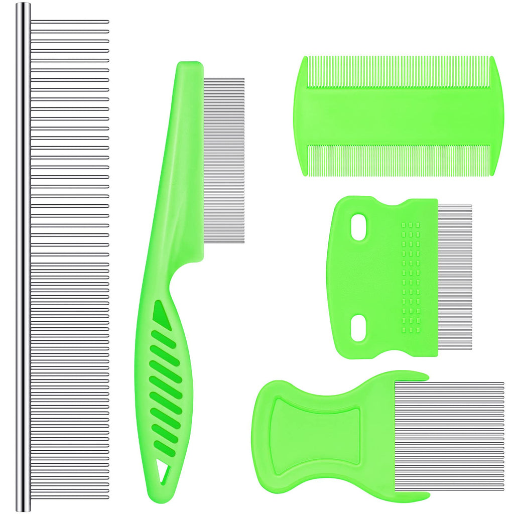 5 Pieces Dog Flea Comb Pets Grooming Comb Kit for Small Dogs Puppies Stainless Steel Teeth Dog Comb Tear Stain Remover Comb 2-in-1 Dog Combs with Round Teeth to Remove Knots Crust Mucus (Green) Green - PawsPlanet Australia