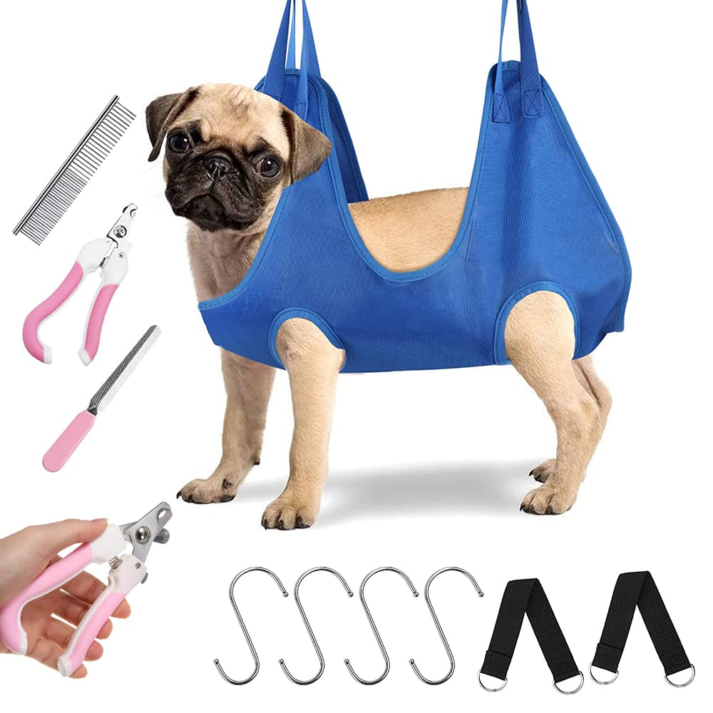 6 in 1Pet Grooming Hammock Harness for Dog and Cat,Breathable Dog Hammock Restraint Helper for Trimming,Bathing, Eye & Ear Care S Blue - PawsPlanet Australia