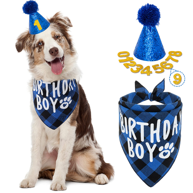 FLYSTAR Dog Birthday Bandana with Hat and Number - Plaid Cute Doggy Bandana for Small Medium Dogs Boy Girl- Pink Triangle Scarf Bibis Party Dog Outfits Blue - PawsPlanet Australia