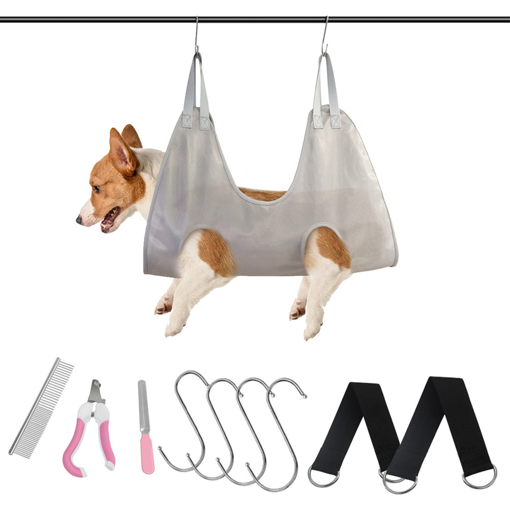 PBRO Pet Grooming Hammock Harness for Cats & Dogs, Pet Grooming Gauze Mesh Breathable Hammock, Pet Supplies Kit with 4 S-Hooks, Pet Comb, Hammock Link Belt, Nail Clippers and Nail Files Small Grey - PawsPlanet Australia